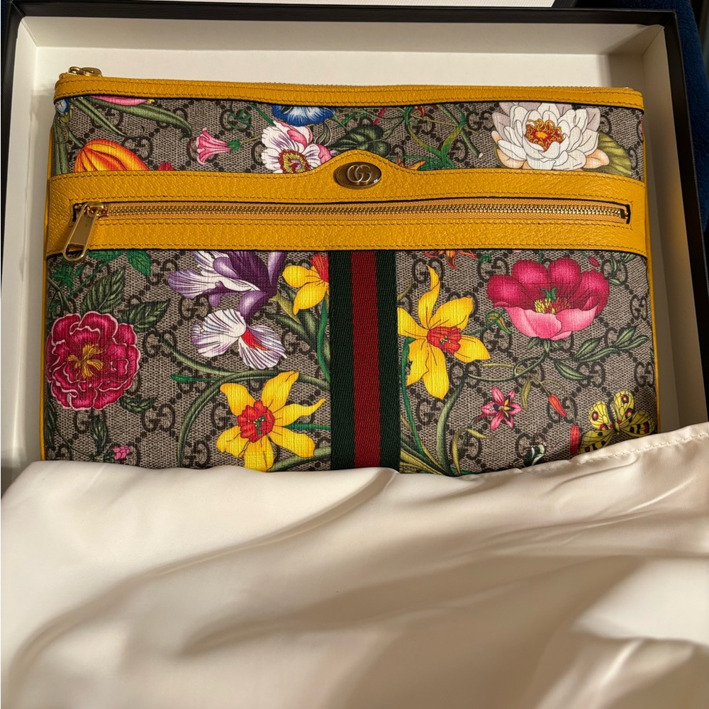 Gucci Ophidia Floral Gg Pouch In Brown Canvas And Leather
